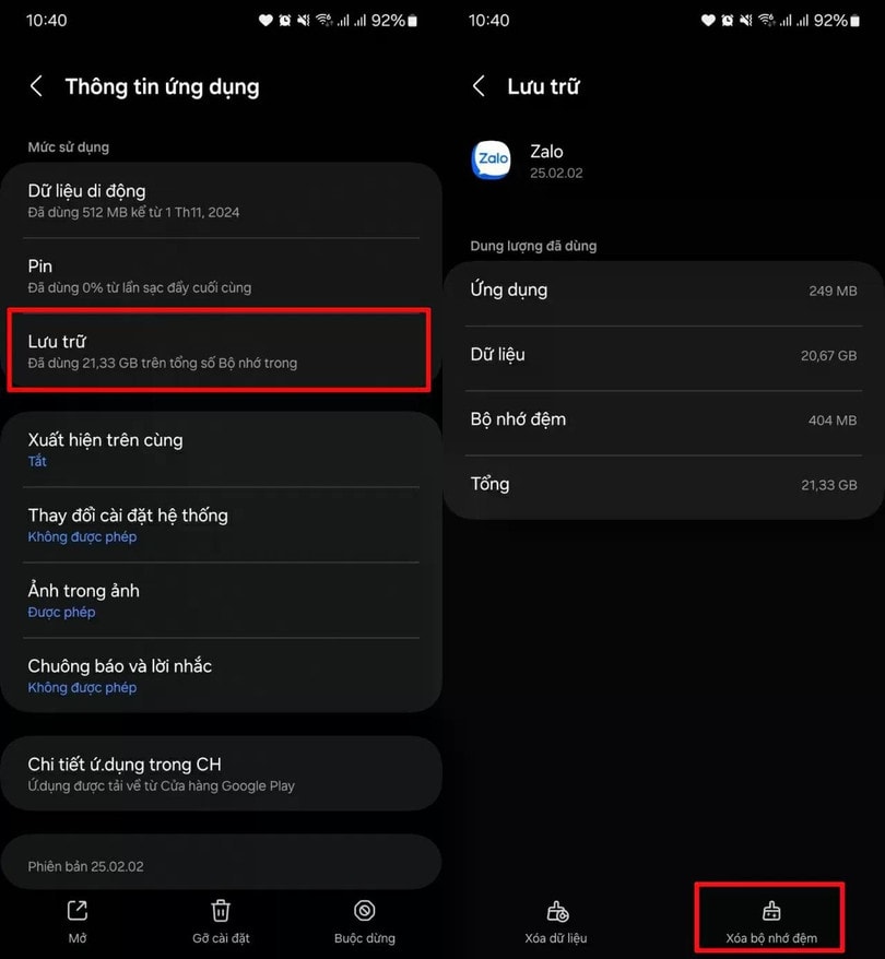 Vào mục “Lưu trữ” > Nhấn “Xóa bộ nhớ đệm”.