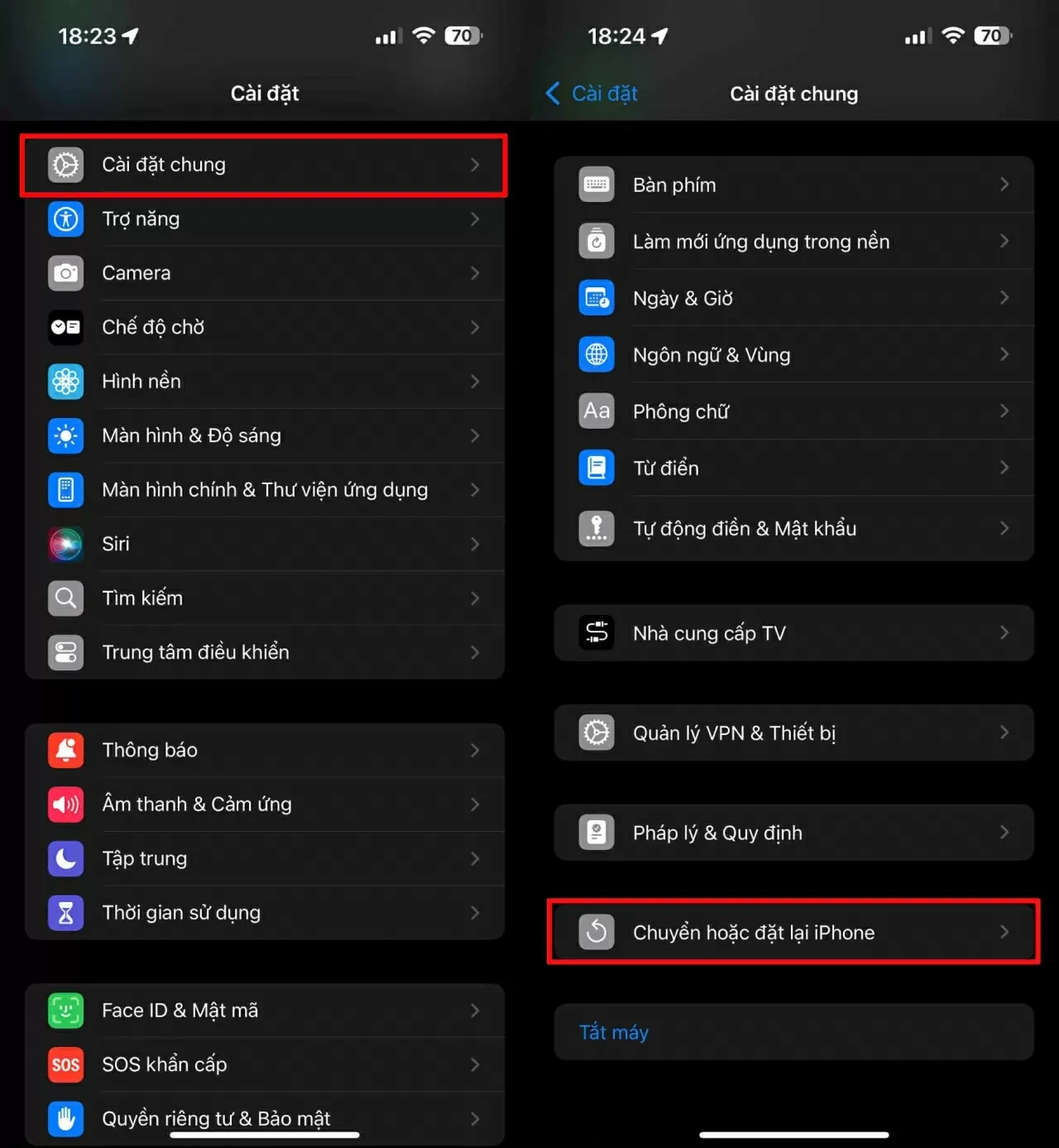 Vào Cài đặt > Cài đặt chung > Chuyển hoặc đặt lại iPhone.