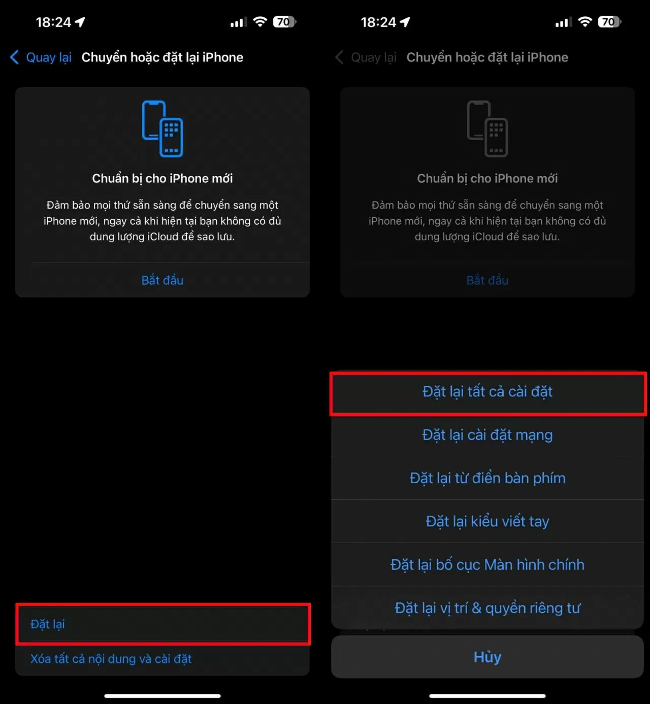 Chọn Đặt lại > Nhấn Đặt lại tất cả cài đặt và xác nhận.