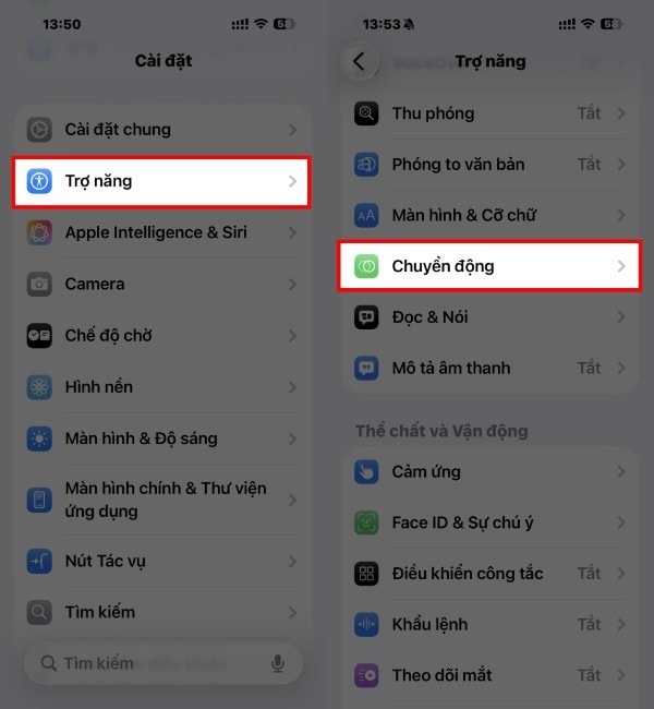 Mở Cài đặt → Trợ năng → Chuyển động