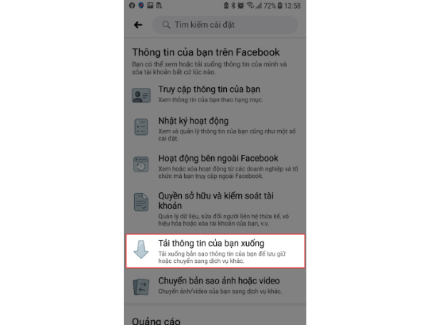 Mở mục Tải thông tin của bạn xuống Mở mục Tải thông tin của bạn xuống