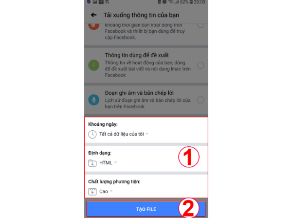 Chọn chất lượng và nhấn Tạo file Chọn chất lượng và nhấn Tạo file