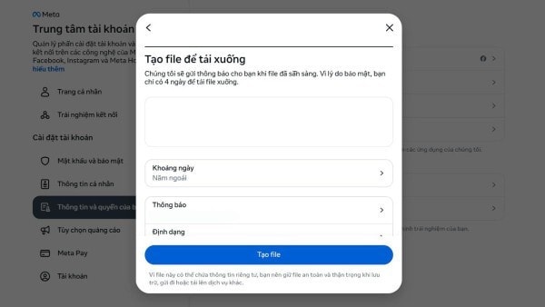Facebook sẽ gửi file về email Facebook sẽ gửi file về email