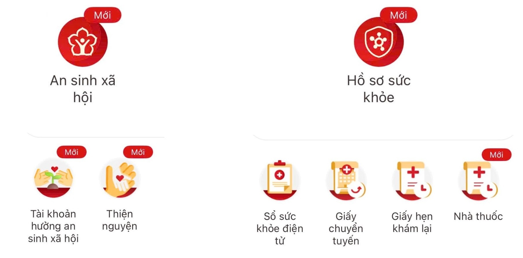 Các tính năng trong mục an sinh, sức khoẻ.