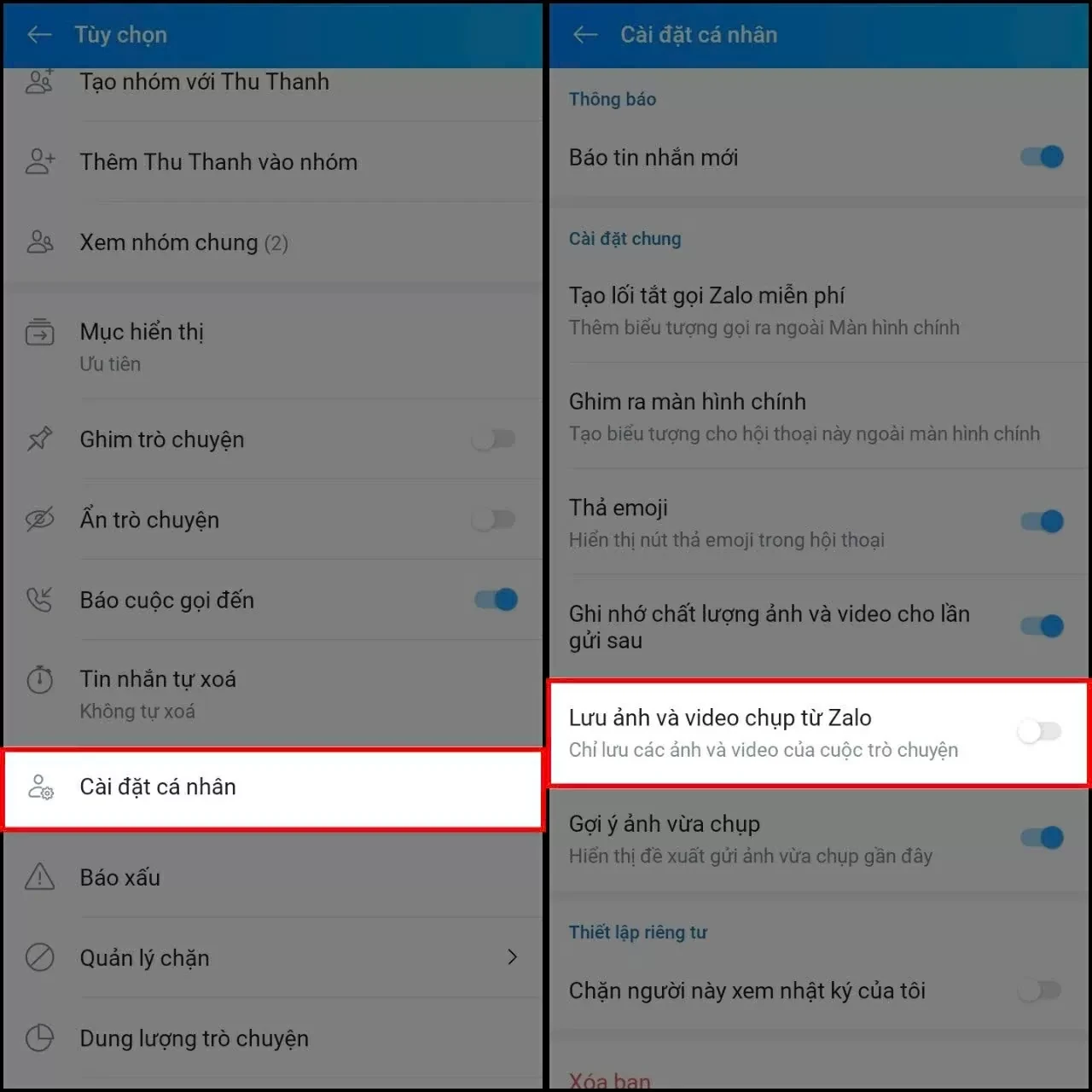 Trong menu, chọn Cài đặt cá nhân để điều chỉnh