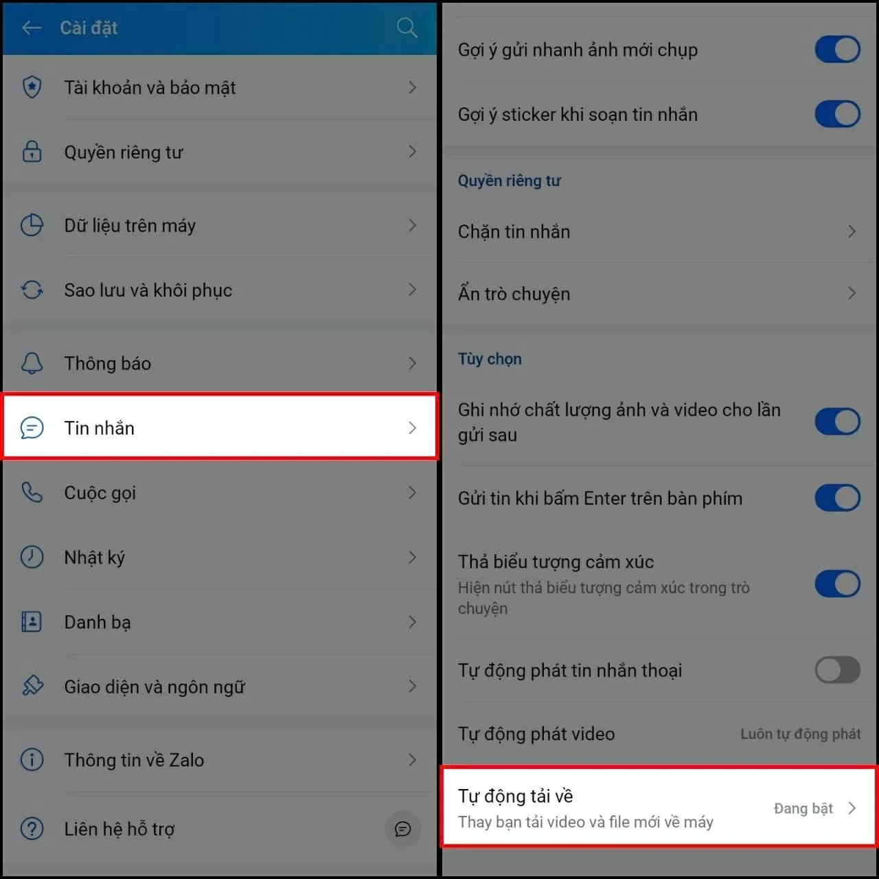 Trong cài đặt, chọn mục Tin nhắn, rồi nhấn vào Tự động tải về.