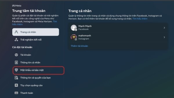 Chọn tiếp vào Mật khẩu và bảo mật