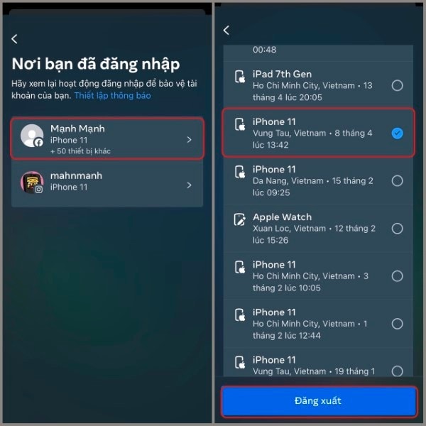 Chọn Tài khoản của bạn và chọn thiết bị muốn đăng xuất