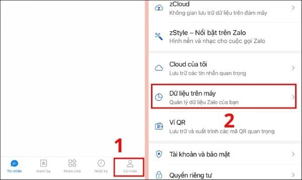 Mở Cá nhân > chọn Dữ liệu trên máy