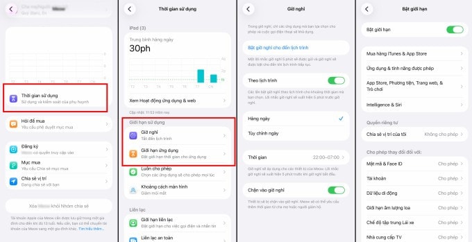 Màn hình thiết lập thời gian sử dụng cho iPad trên máy của phụ huynh.