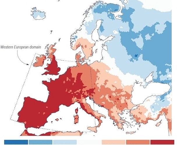 Nhiệt độ ở châu Âu nửa cuối tháng 6 so với trung bình giai đoạn 1979-2024, màu đỏ là tăng nhiều nhất. Đồ họa: Copernicus