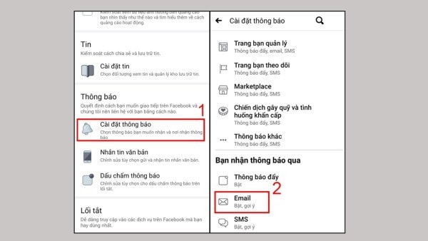 Chọn mục Thông báo > chọn Email