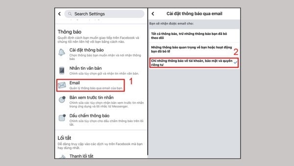 Chọn Chỉ những thông báo về tài khoản, bảo mật và quyền riêng tư