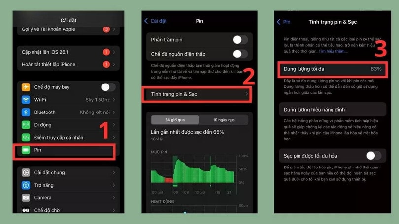 Quan sát Dung lượng tối đa, nếu dưới 80%, nên cân nhắc thay pin.