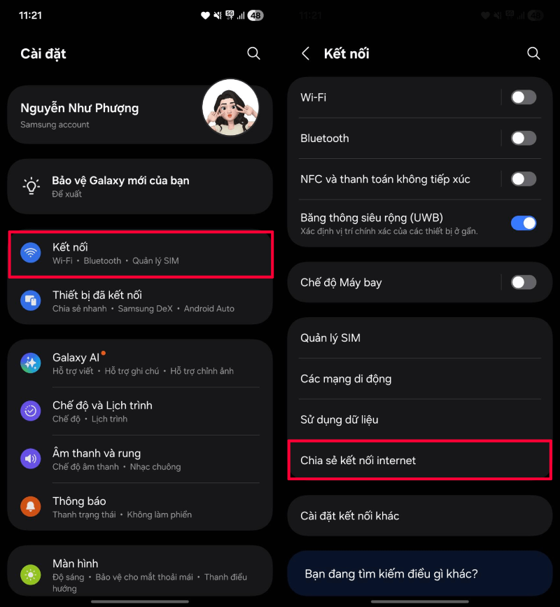 Mở Cài đặt, chọn Kết nối, sau đó nhấn vào Chia sẻ kết nối Internet.
