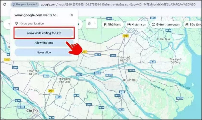 Khi xuất hiện thông báo, chọn Allow while visiting the site.