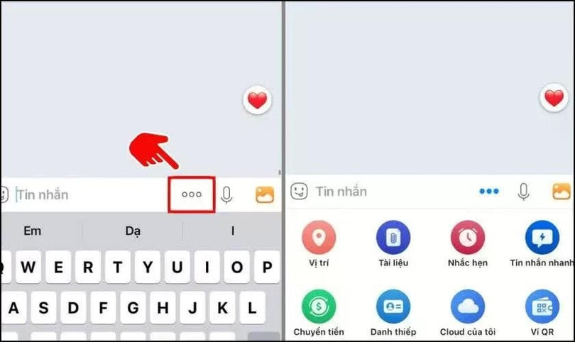 Nhấn vào biểu tượng 3 chấm dưới khung nhập tin nhắn để mở các tính năng mở rộng.