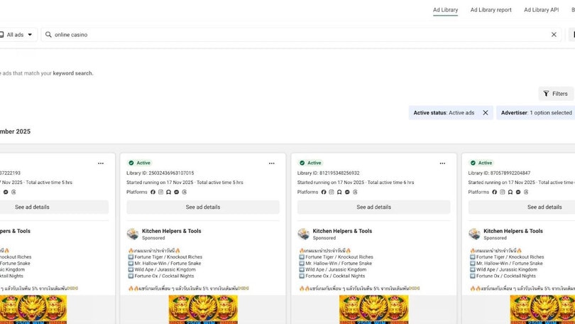 Các quảng cáo cờ bạc online trên Meta thường xuất hiện trong 6-8 tiếng. Ảnh: Rest of World.
