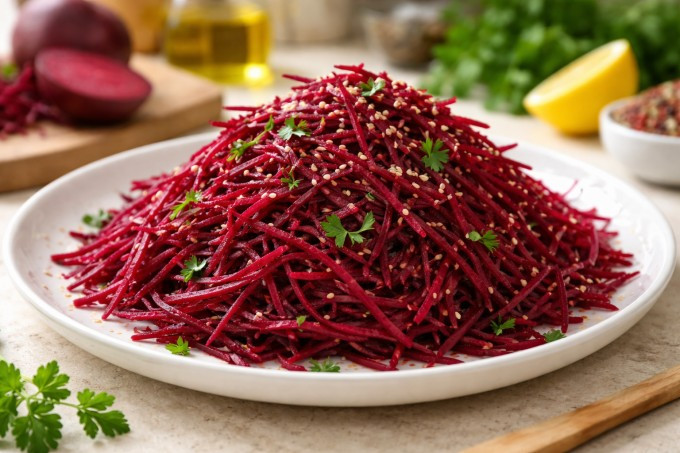 Củ dền phổ biến, dễ dàng chế biến thành nhiều món ăn. Ảnh tạo bởi AI