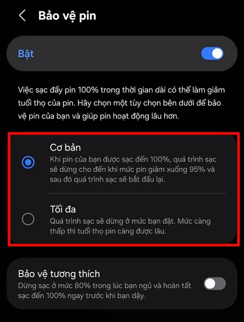 Bảo vệ pin, sau đó bật giới hạn sạc khoảng 85%.