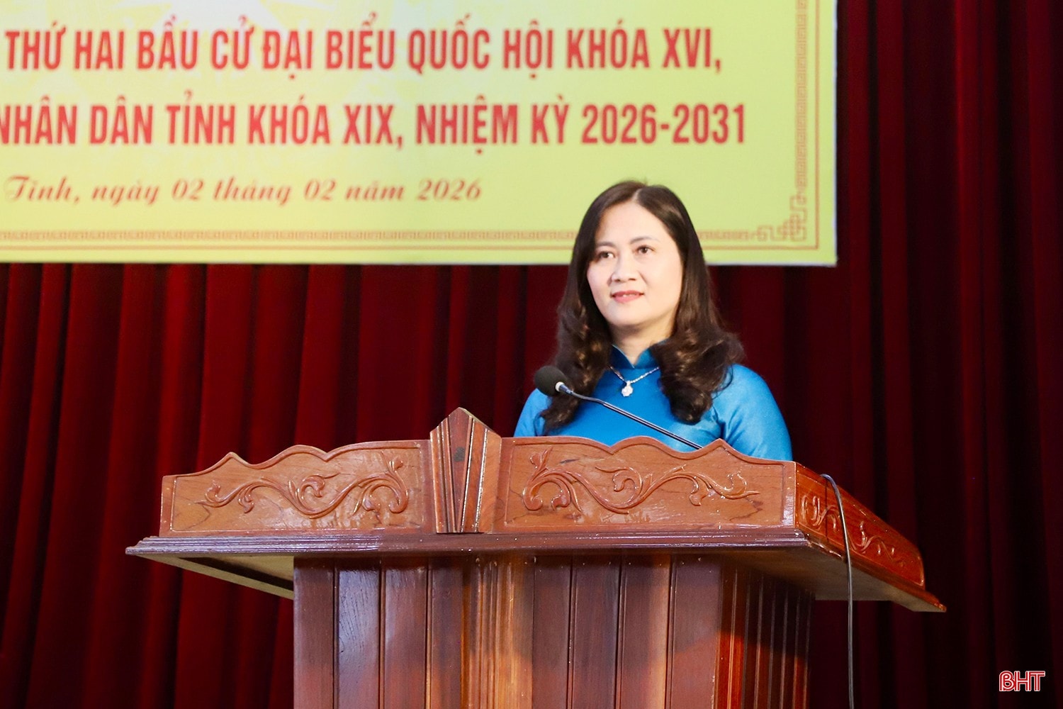 Phó Chủ tịch Ủy ban MTTQ Việt Nam tỉnh Phạm Thị Thu báo cáo tình hình, kết quả triển khai việc giới thiệu người ứng cử đại biểu Quốc hội khóa XVI, nhiệm kỳ 2026-2031. bqbht_br_img-7158-copy.jpg