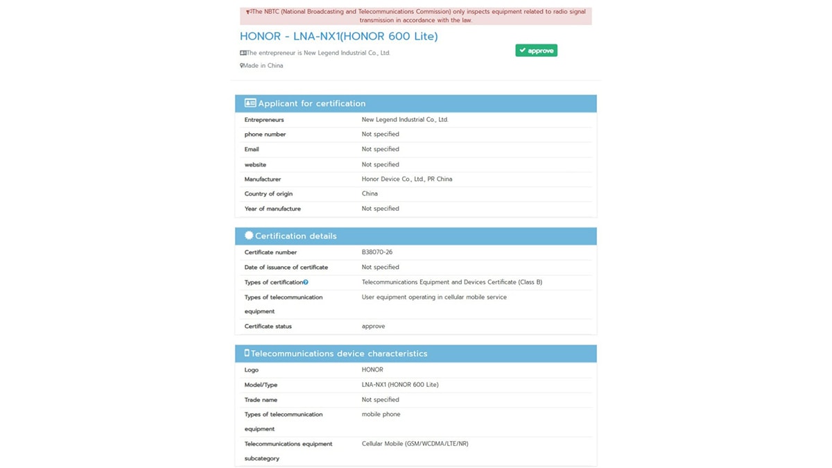 HONOR 600 Lite đạt nhiều chứng nhận khác nhau trước khi ra mắt