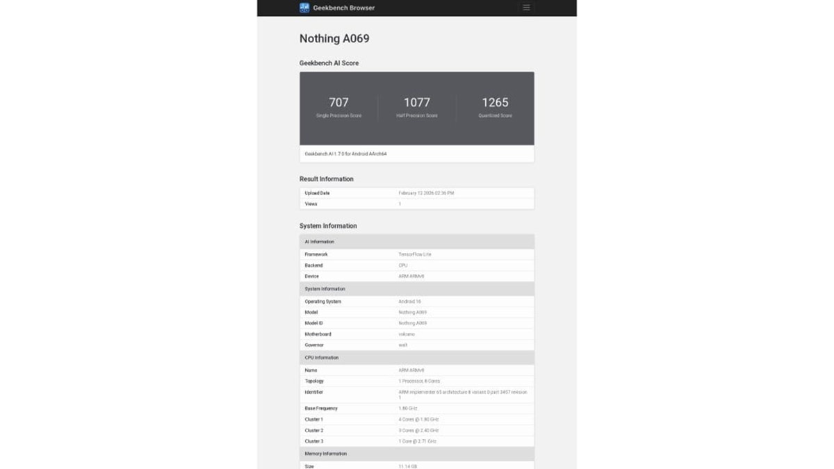 Điểm hiệu năng AI của điện thoại Nothing Phone (4a) trên Geekbench