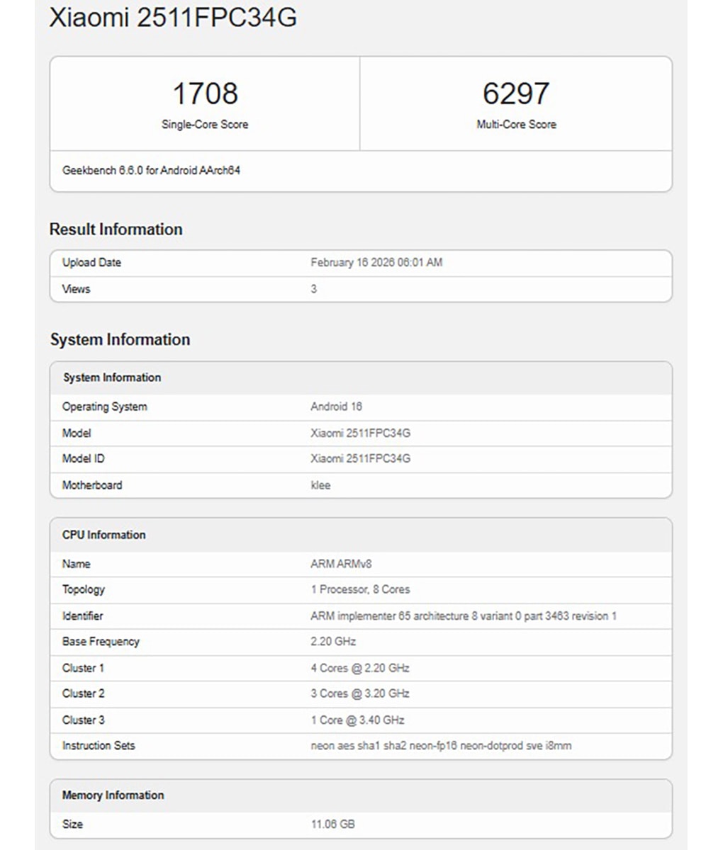 Kết quả Geekbench của POCO X8 Pro cho thấy điểm số ấn tượng với chip Dimensity 8500.