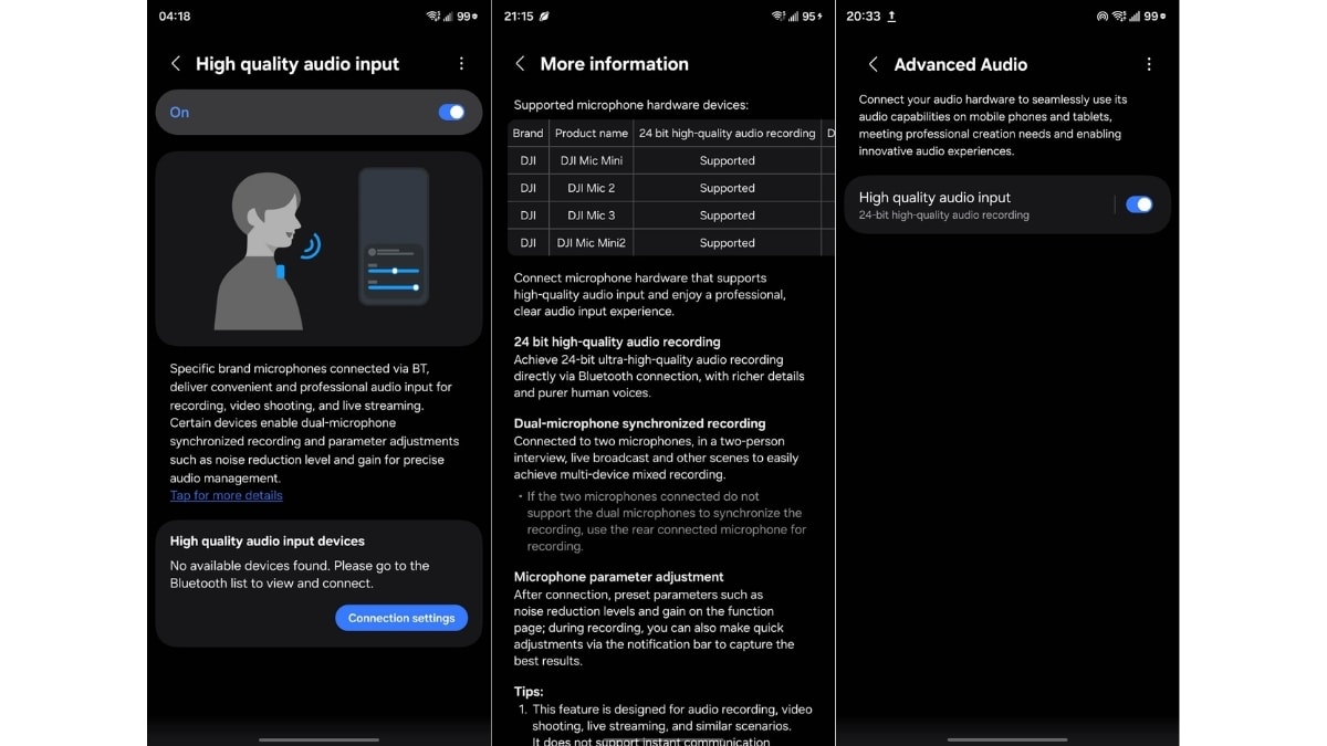 Giao diện điều chỉnh thông số Gain và Noise Reduction trên One UI 8.5