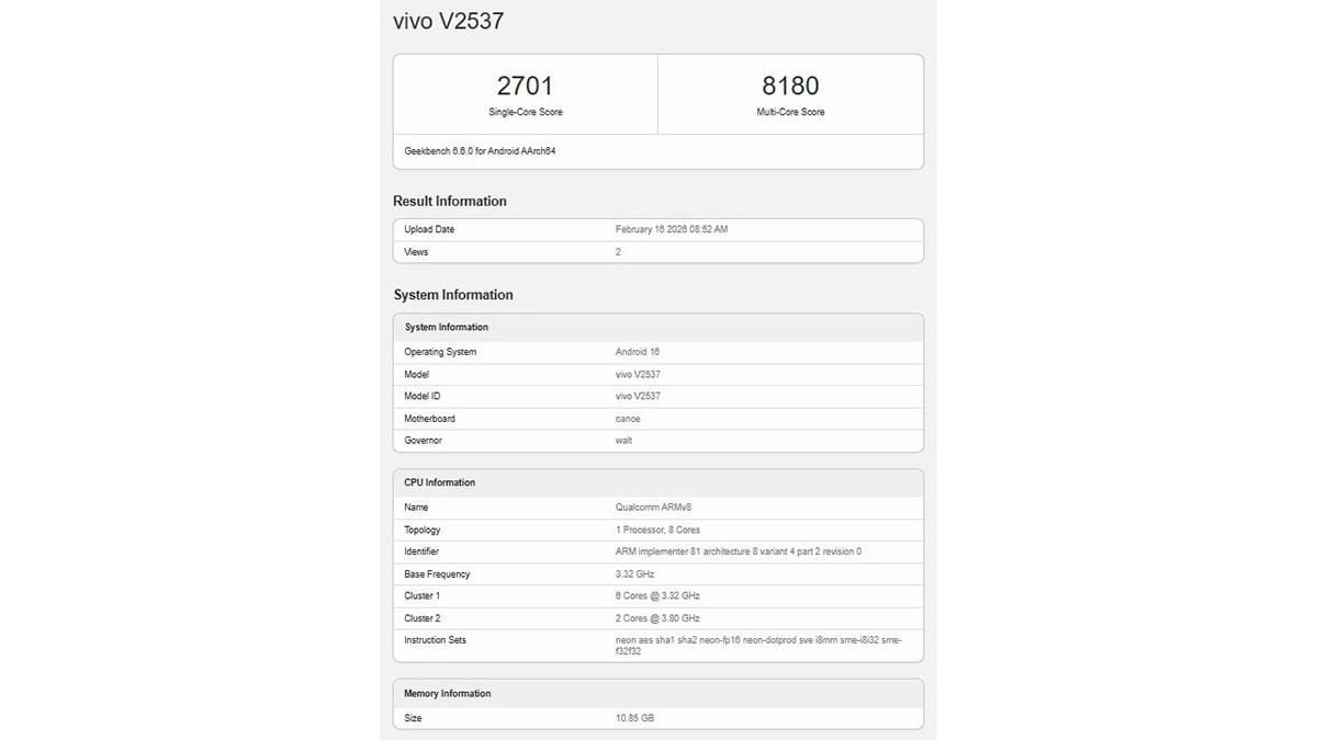 Điểm số Geekbench của vivo X300 FE
