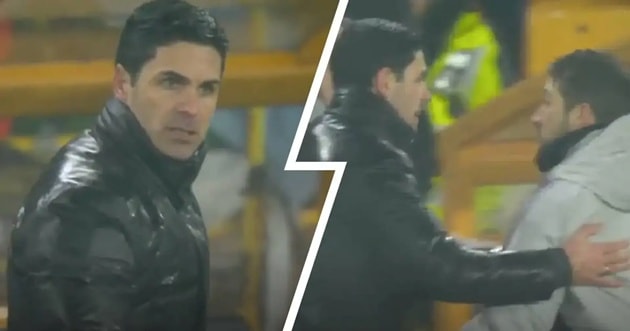 HLV Mikel Arteta can thiệp để giữ bình tĩnh cho trợ lý Nicolas Jover sau trận hòa Wolves