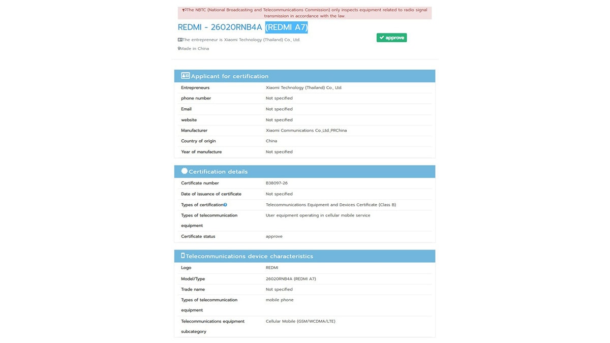 Redmi A7 đạt chứng nhận NBTC tại Thái Lan xác nhận thời điểm ra mắt đang cận kề