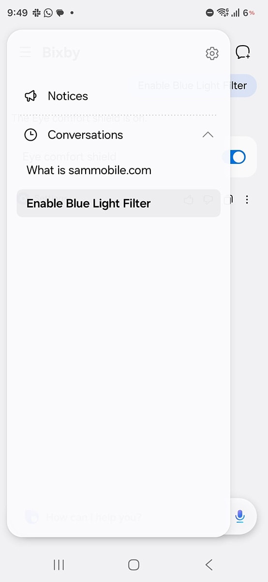 Menu quản lý hội thoại của Bixby