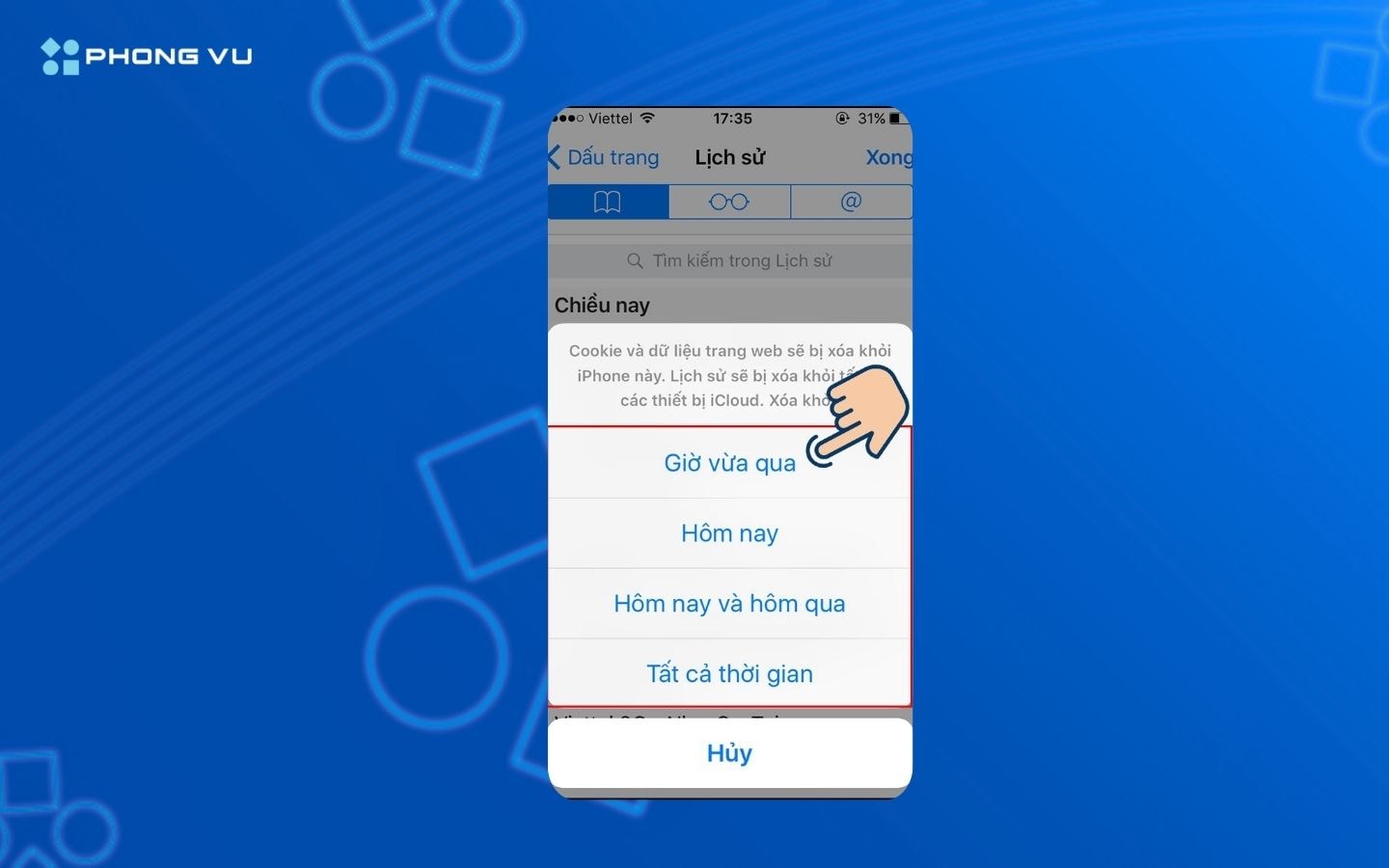 Tùy chọn mốc thời gian cần xóa lịch sử trên iPhone