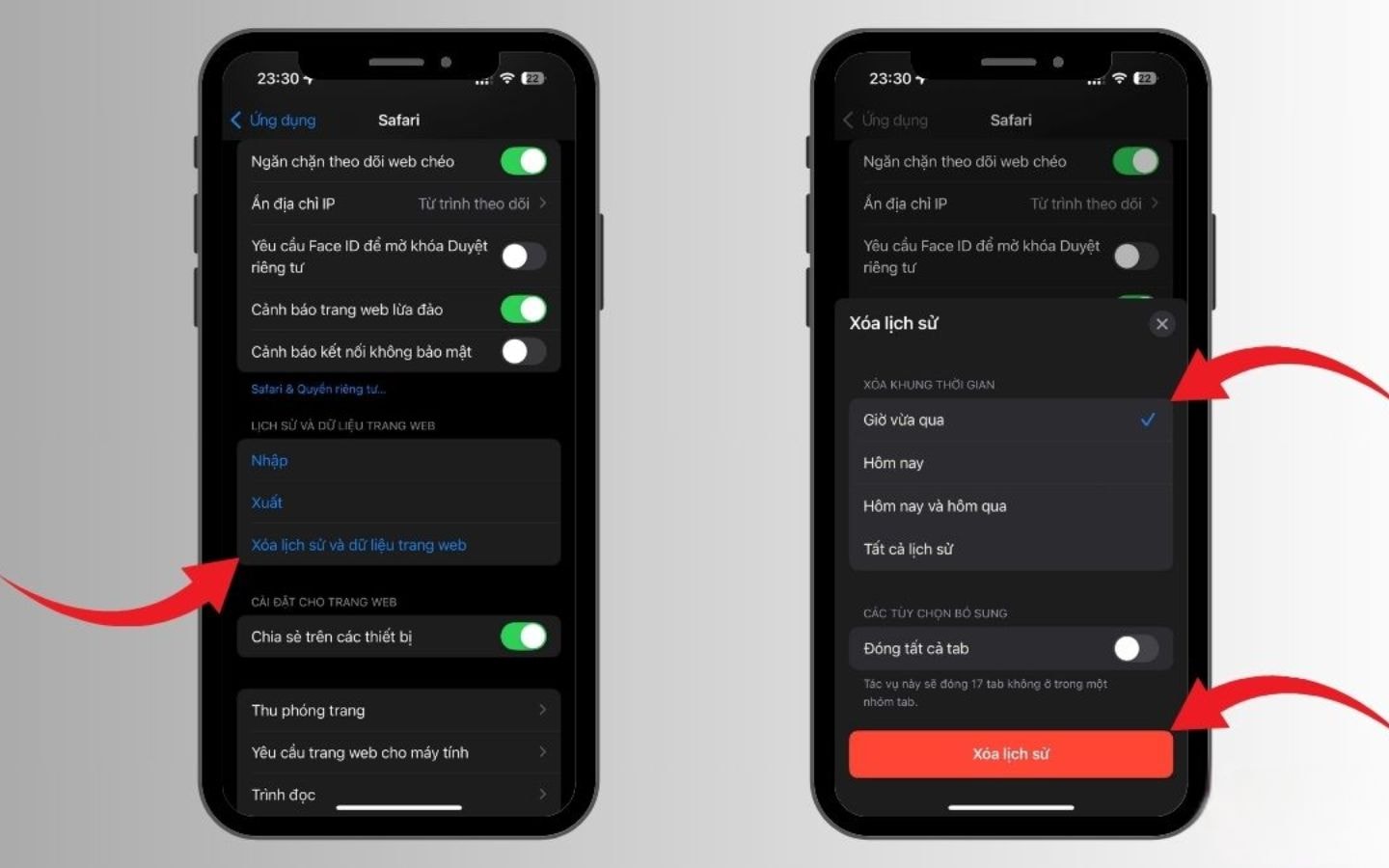 Xác nhận xóa lịch sử và dữ liệu trang web trên iOS
