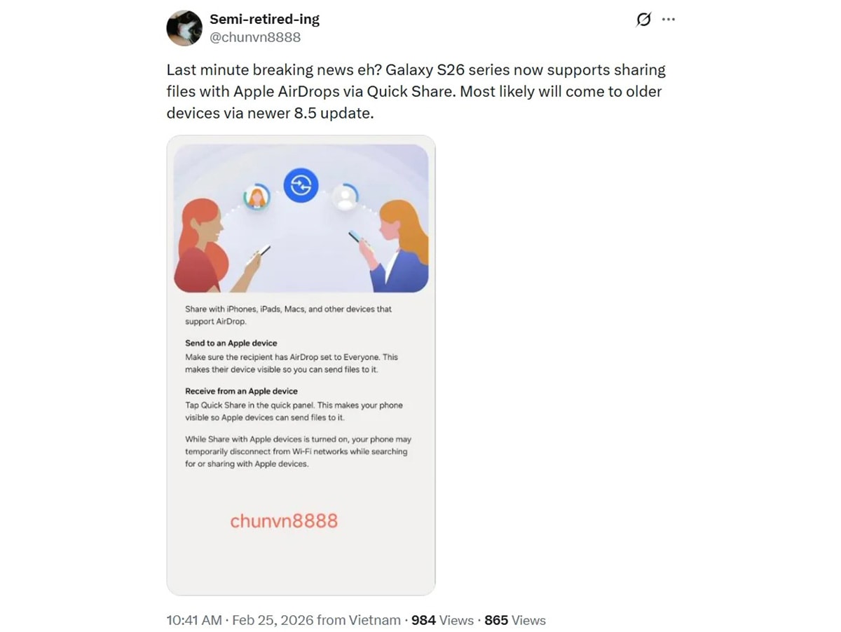 Dòng Galaxy S26 có thể tương thích AirDrop
