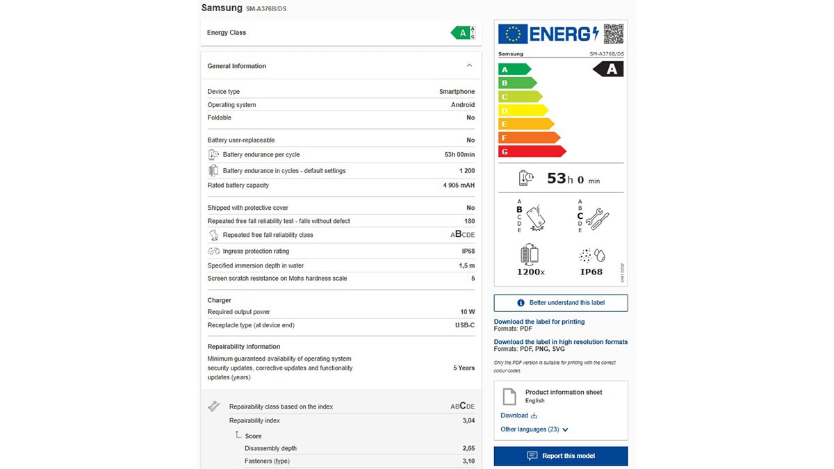 Dữ liệu EPREL của Galaxy A37 cho thấy thời lượng pin ấn tượng