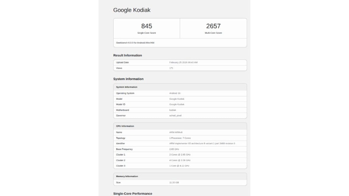 Pixel 11 được thử nghiệm hiệu năng trên Geekbench