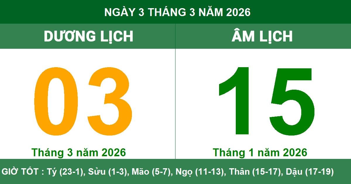 Lịch Âm Dương ngày 03/03/2026 - Ngày Rằm tháng Giêng
