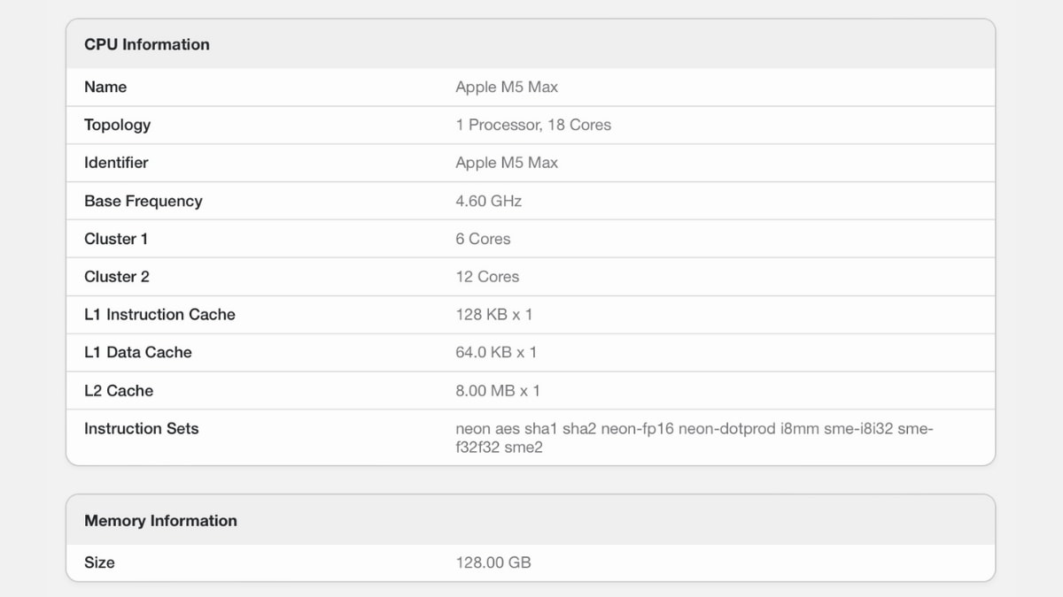 Thông tin chi tiết trên Geekbench về Apple M5 Max 18 nhân