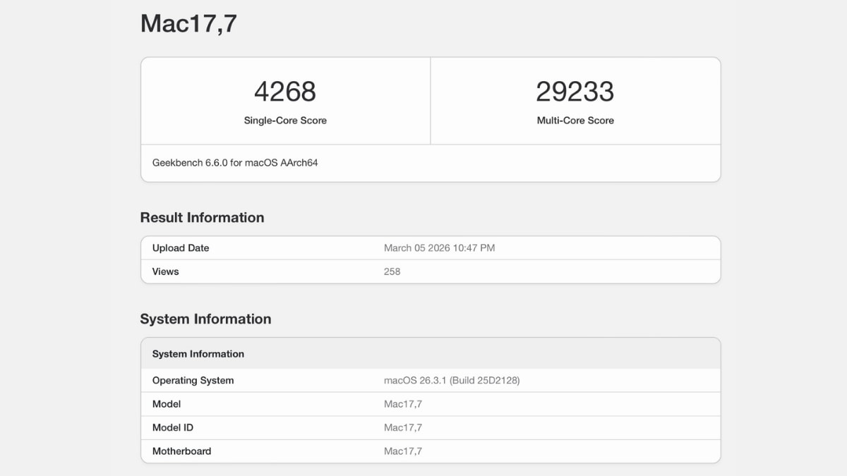Con chip Apple M5 Max 18 nhân ghi nhận điểm số hiệu năng cực khủng