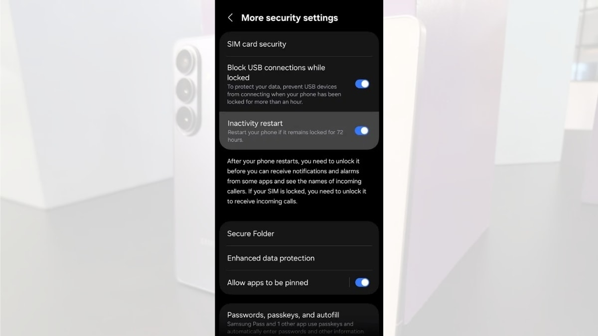 Kích hoạt Inactivity Restart trong phần cài đặt bảo mật