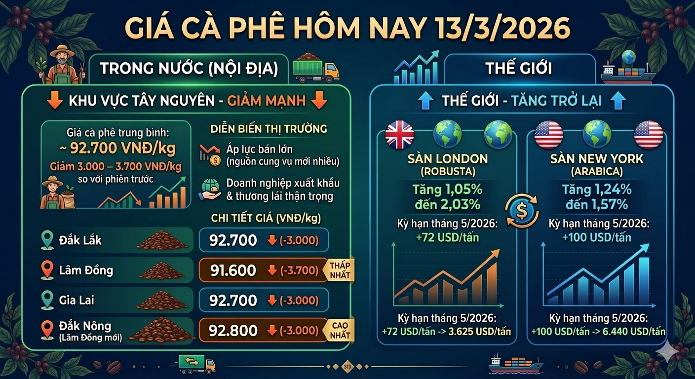 Giá cà phê hôm nay 13/3/2026 giảm, bình quân còn 92,700 đồng