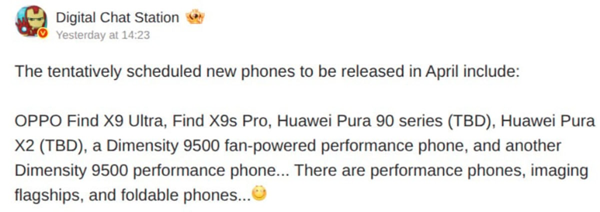 Huawei Pura 90 Series, Pura X2, OPPO Find X9 Ultra sẽ ra mắt vào tháng 4 tới