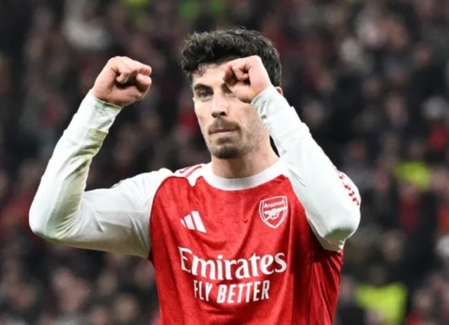 Kai Havertz ăn mừng trong màu áo Arsenal tại trận lượt đi Champions League.