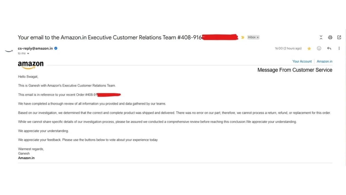 Phản hồi từ Amazon Ấn Độ bác bỏ yêu cầu hoàn tiền sau 8 ngày điều tra nội bộ