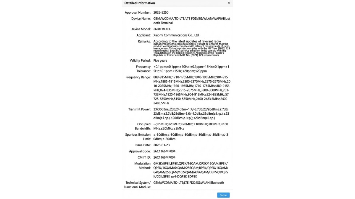 Mã máy của Redmi K90 Ultra trên cơ sở dữ liệu SRRC