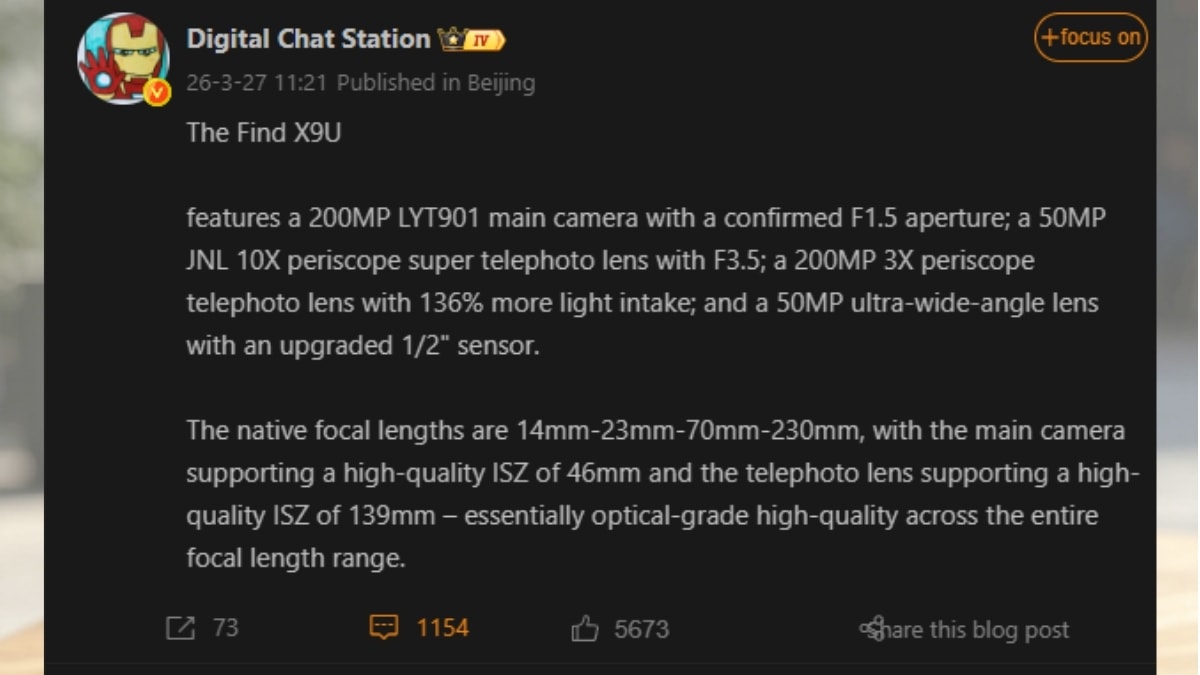 OPPO Find X9 Ultra sử dụng cảm biến Sony LYT-901 tương tự vivo X300 Ultra nhưng có khẩu độ lớn hơn.