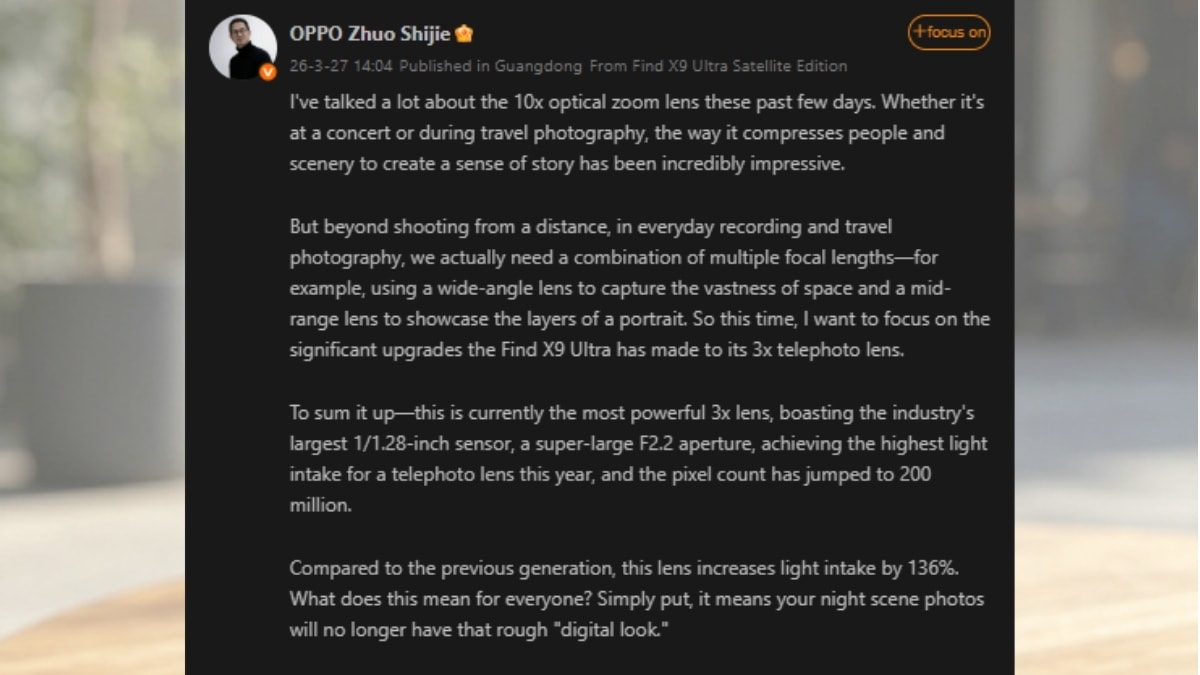 Cảm biến tiềm vọng 200MP trên OPPO Find X9 Ultra có kích thước 1/1.28 inch.