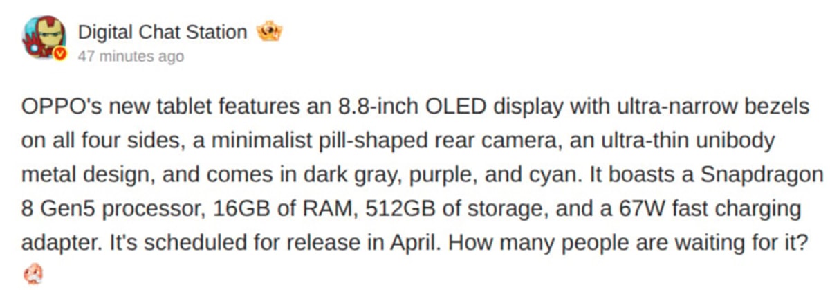 OPPO Pad Mini lộ thông số kỹ thuật ấn tượng trước khi ra mắt